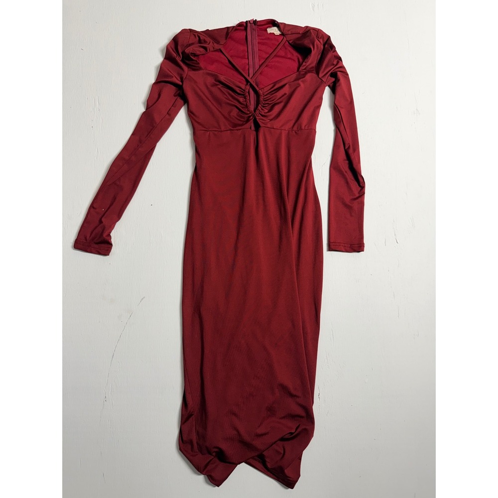 Tea & Cup Los Angeles Burgundy Cutout Ruched Long Sleeve Bodycon Midi Dress M